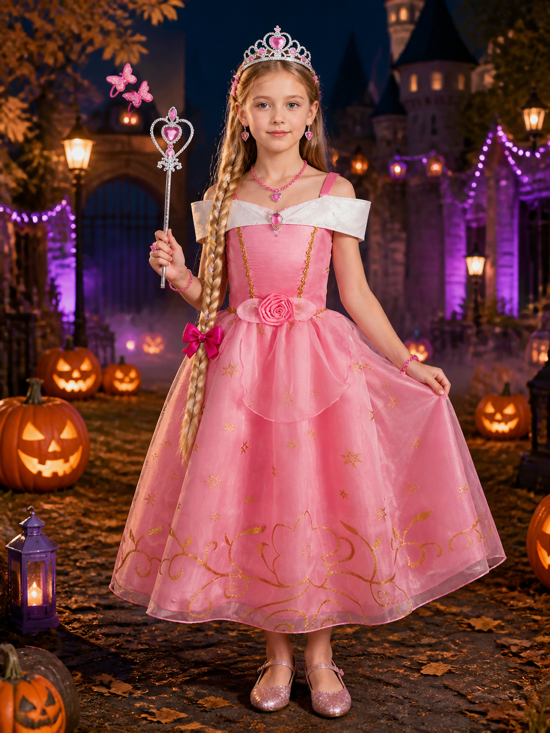 Girls Princess Costume Set with Sequined Tulle Dress, Crown, and Magic Wand for Costume Dresses detail 2