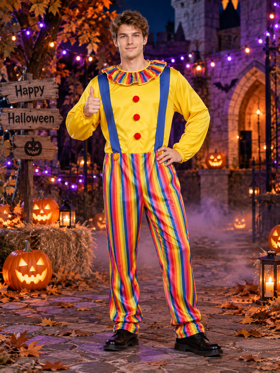 Adult Clown Costume Yellow with Blue Suspenders