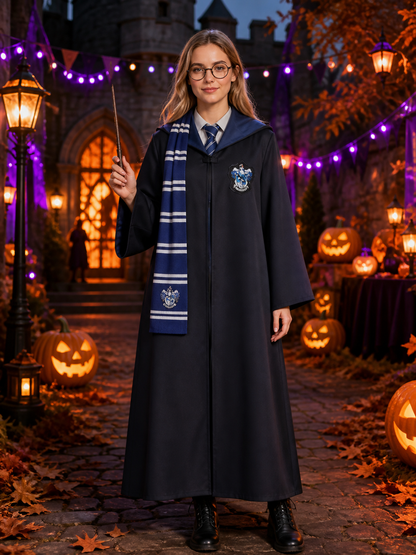 Wizard Robe Costume Set, Hooded Black Cloak with Blue-White Striped Scarf, Tie Costume Capes detail 2