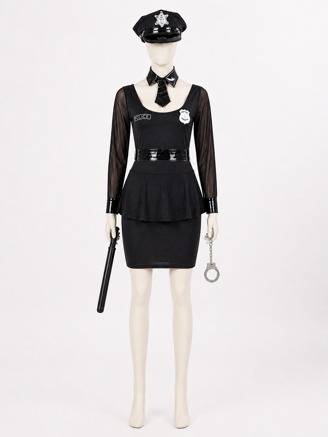 Women's Black Police Officer Costume Dress with Belt Hat Handcuffs Baton, Sexy Costume Dresses detail 2