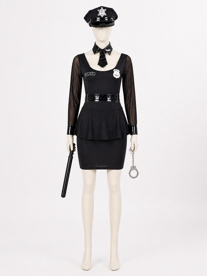 Women's Black Police Officer Costume Dress with Belt Hat Handcuffs Baton, Sexy Costume Dresses detail 2