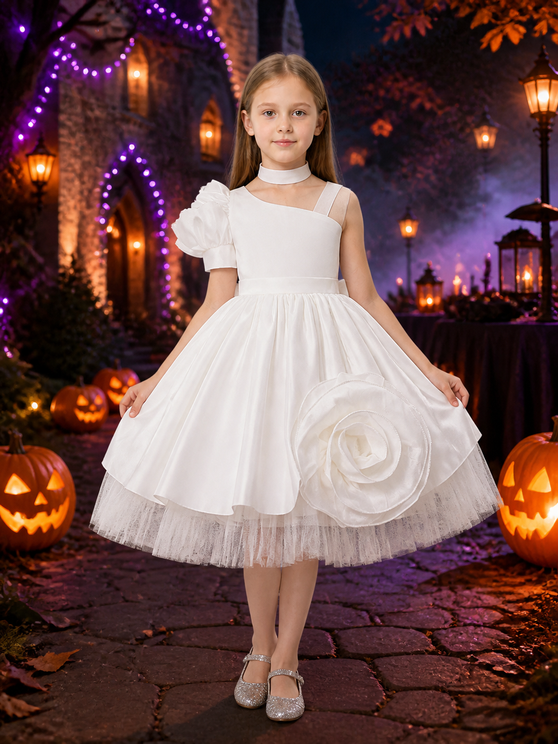 Toddler Girls' White Princess Dress, One-Shoulder Puff Sleeve And Flower Detail Costume Dresses detail 2