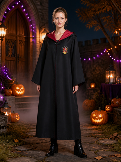 Hooded Wizard Robe Costume, Black Long Cape with Red Inner Lining and School Costume Capes detail 2