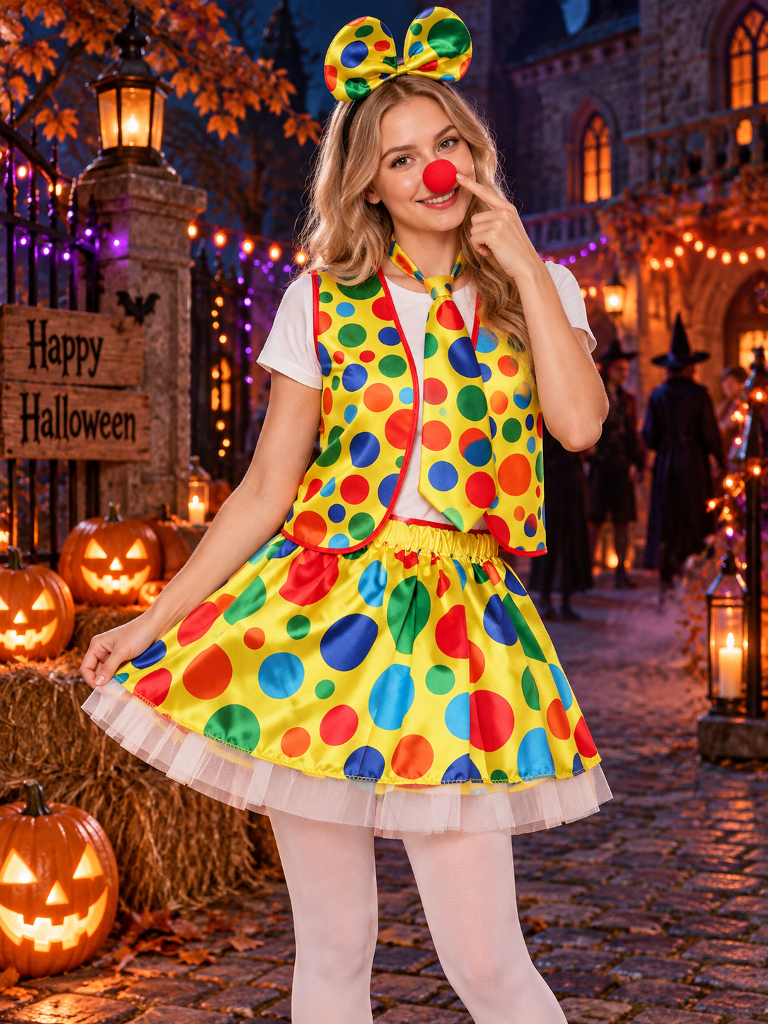 Kids' Clown Costume: Vest, Skirt, Tie, Headband, Nose