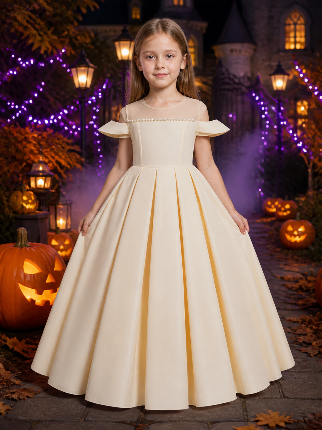Girls' Champagne Off-Shoulder Beaded Pleated Long Formal Dress Costume Dresses detail 2