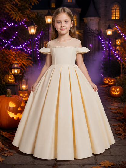 Girls' Champagne Off-Shoulder Beaded Pleated Long Formal Dress Costume Dresses detail 2