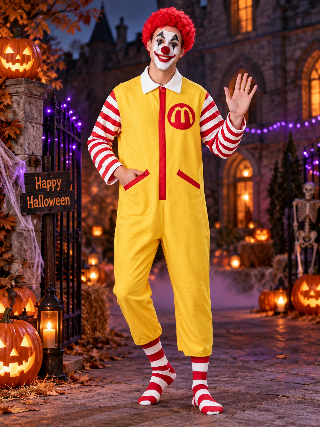 Yellow Clown Costume with Red Wig and Stripes