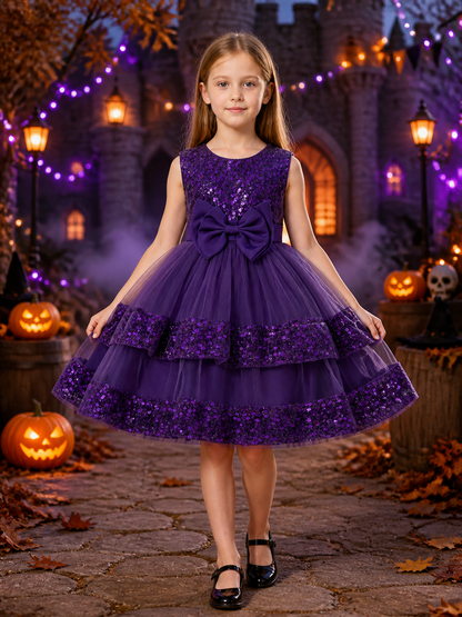 Toddler Girls' Purple Sequin Princess Dress, Layered Tulle Skirt, Sleeveless Costume Dresses detail 2