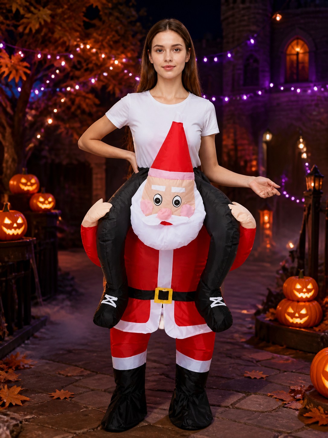 Santa Claus Inflatable Costume with Red White Stripes, Beard, Belt and Boots Costumes detail 2