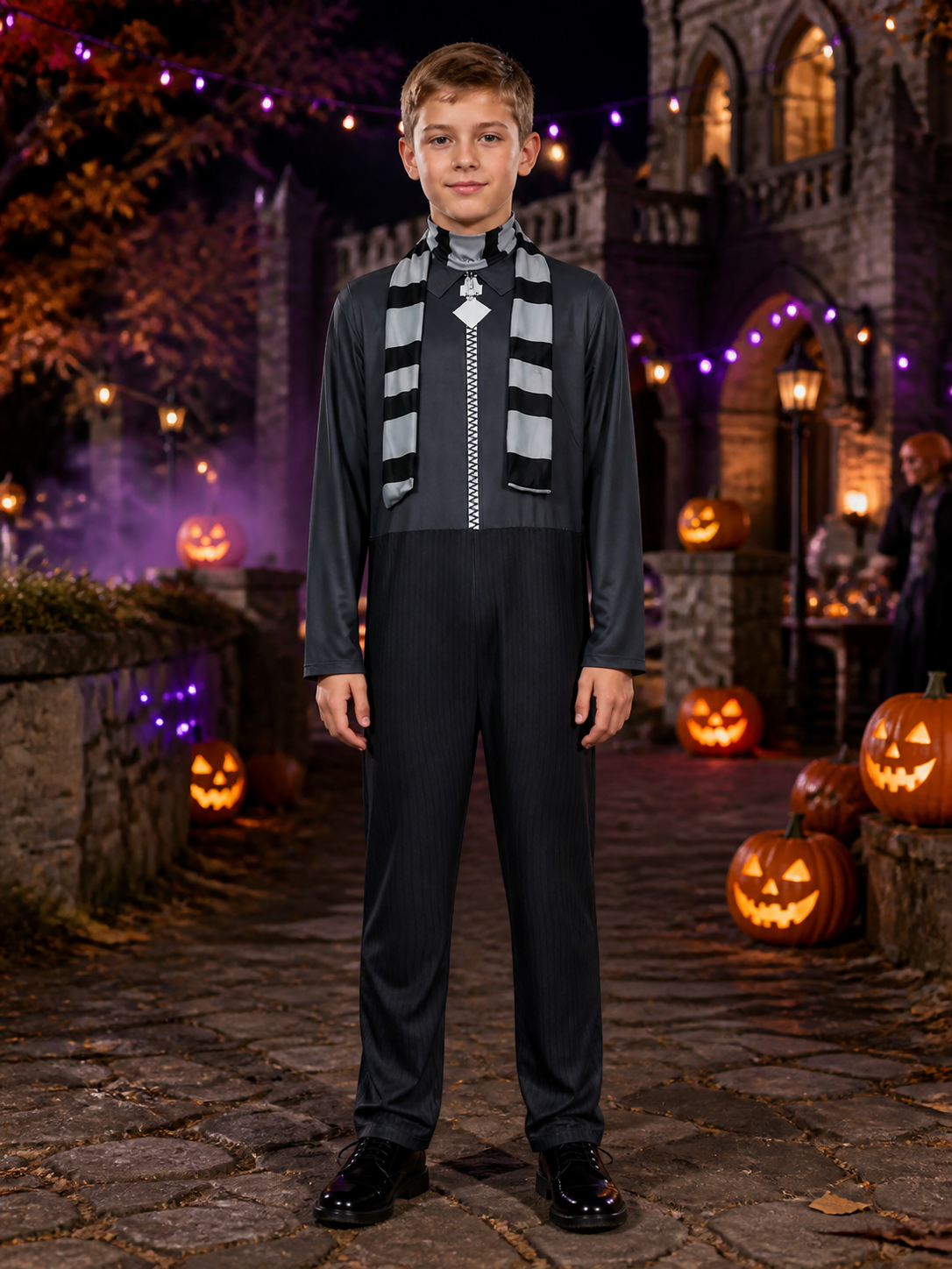 Gru from Minions Cosplay Jumpsuit Costume on-model Halloween scene view