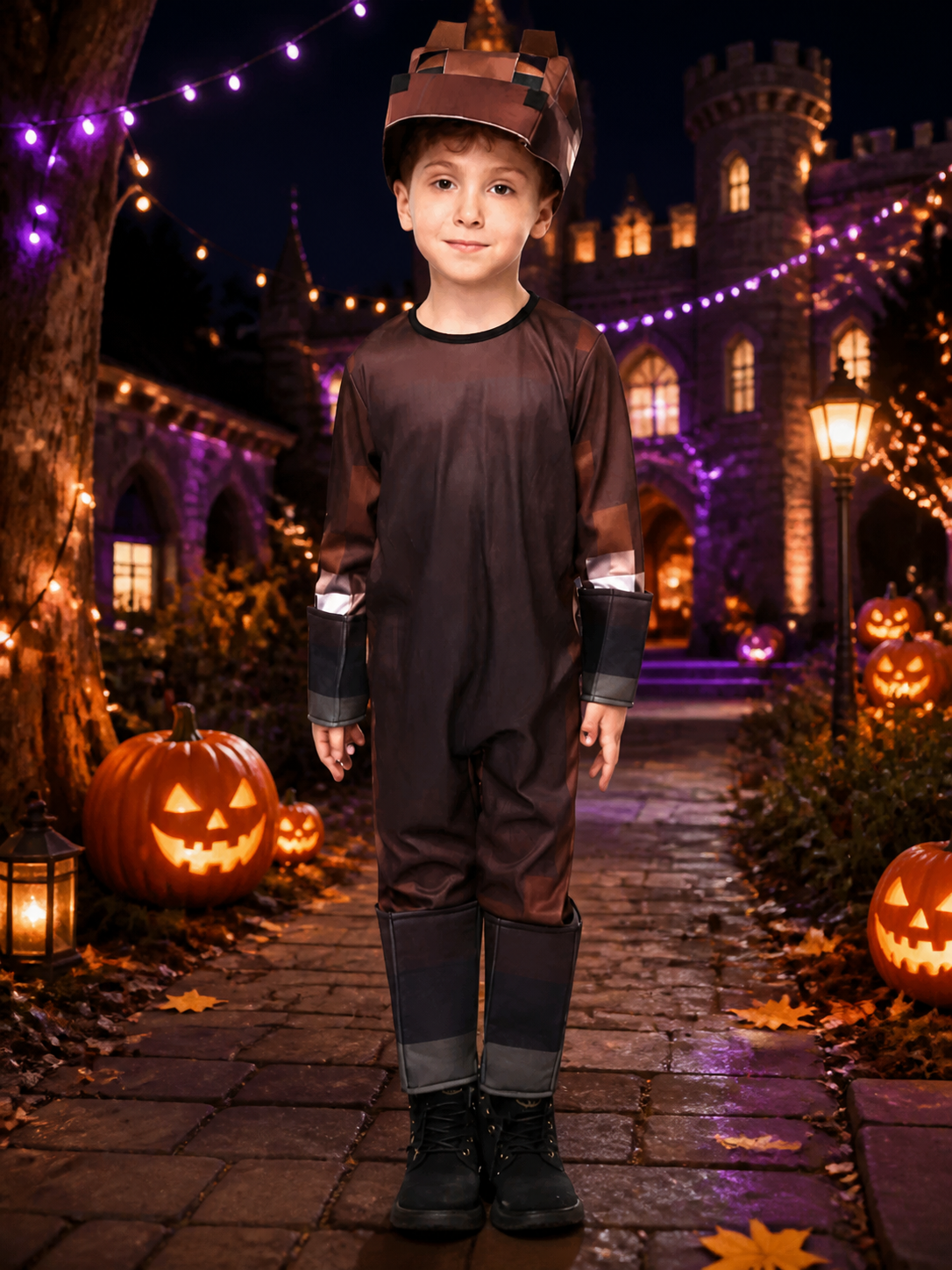 Kids Minecraft Horse Costume, Brown Animal Onesie with Armor Pads Halloween Costumes detail 2