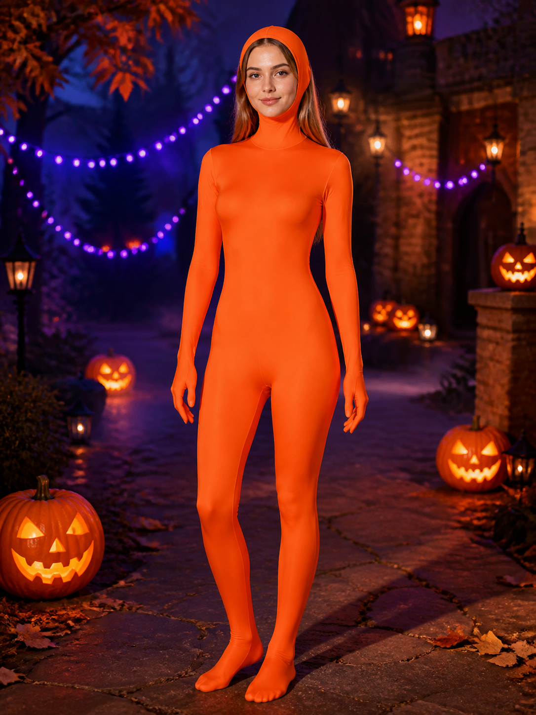Women's Orange Zentai Bodysuit with Face Opening, Attached Gloves and Feet product detail 2