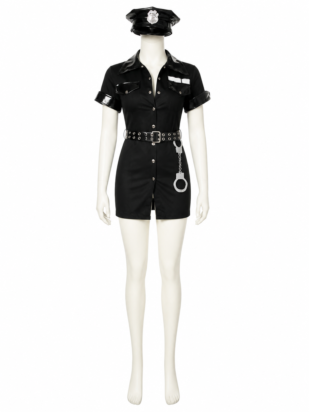 Women's Sexy Police Officer Costume Set, Black Short Sleeve Bodysuit with Hat Costume Headwear detail 2