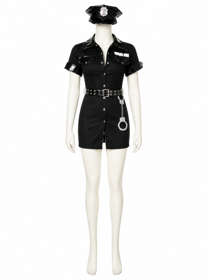 Women's Sexy Police Officer Costume Set, Black Short Sleeve Bodysuit with Hat Costume Headwear detail 2