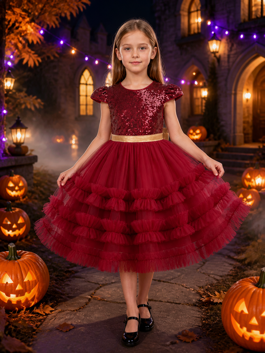 Girls' Dark Red Sequin Princess Dress with Layered Tulle Skirt and Puff Sleeves Costume Dresses detail 2