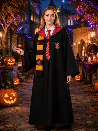 Gryffindor Wizard Robe Costume Set, Hooded Cloak With Tie And Scarf Costume Capes detail 2