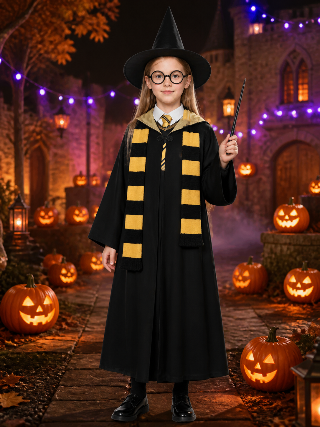 Kids Wizard Robe Costume Set, Hooded Black Cloak With Hat, Scarf, Tie, Glasses Costume Capes detail 2