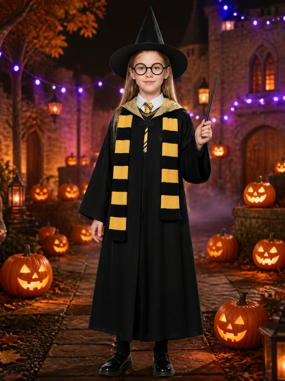 Kids Wizard Robe Costume Set, Hooded Black Cloak With Hat, Scarf, Tie, Glasses Costume Capes detail 2