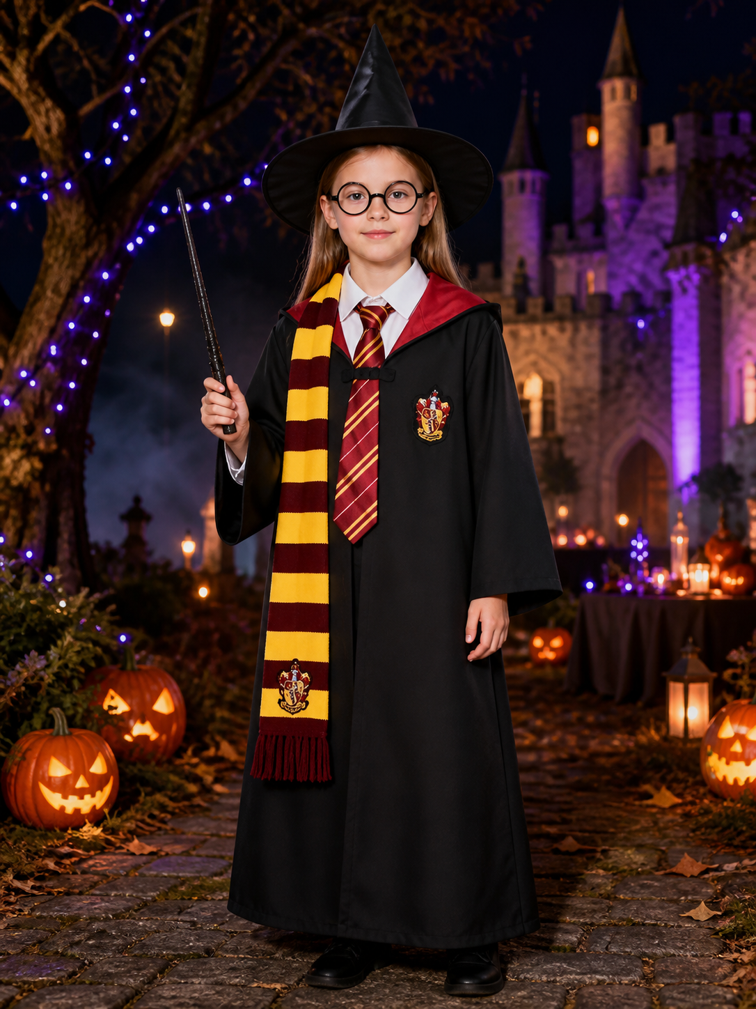 Hooded Wizard Costume Set with Robe, Hat, Scarf, Tie, Glasses, Shirt and Wand Costume Headwear detail 2