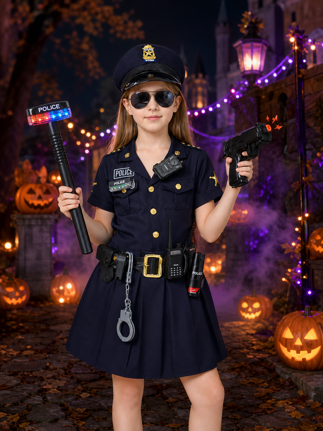 Kids Police Officer Costume Set, Girls Police Dress with Hat and Accessories for