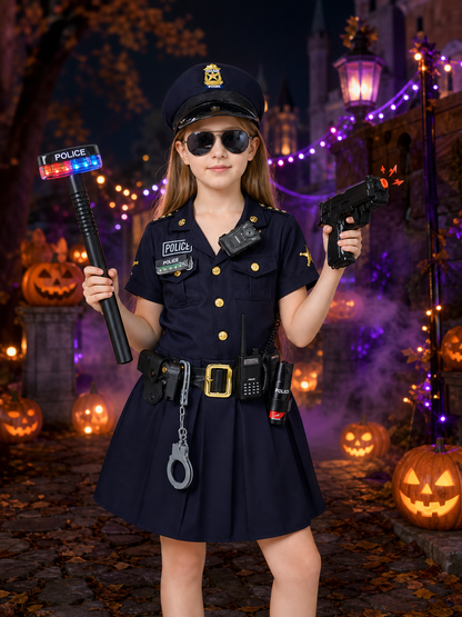 Kids Police Officer Costume Set, Girls Police Dress with Hat and Accessories for