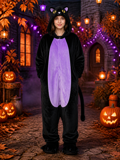 Midnight Cat Hooded Animal Onesie, Black and Purple Tail Costume Costumes detail 2