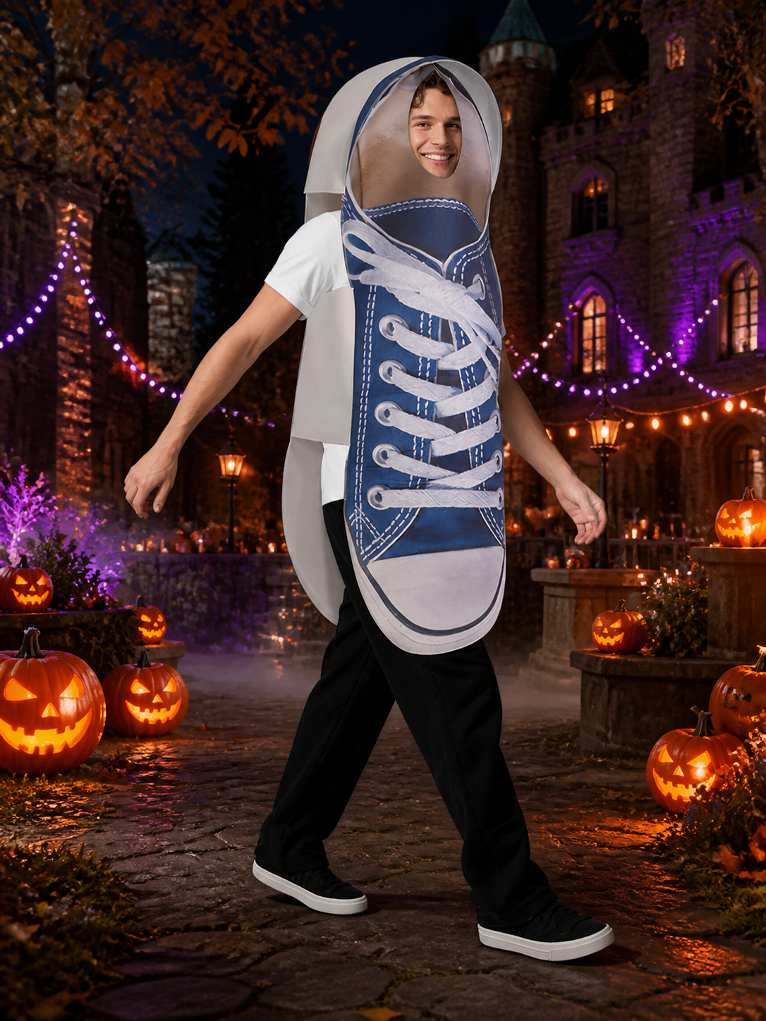 Couple's Sneaker Costume Bodysuit, Oversized Shoe Shaped Outfit for Halloween on-model Halloween scene view