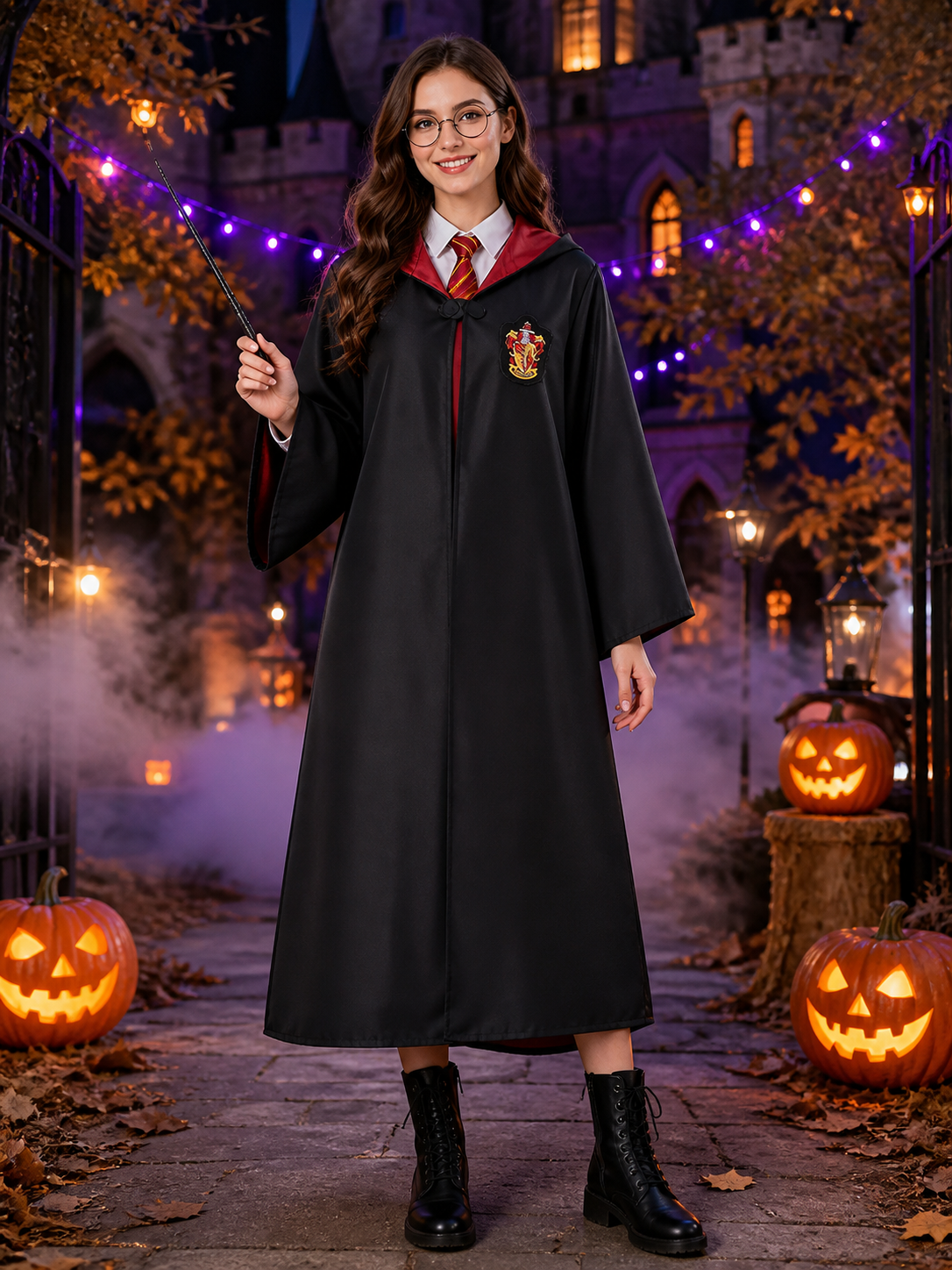 Black Hooded Wizard Robe Costume Set with School Crest, Hat, Tie, Scarf Costume Headwear detail 2