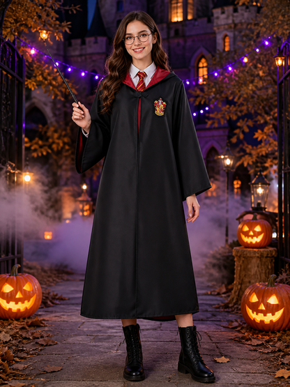 Black Hooded Wizard Robe Costume Set with School Crest, Hat, Tie, Scarf Costume Headwear detail 2