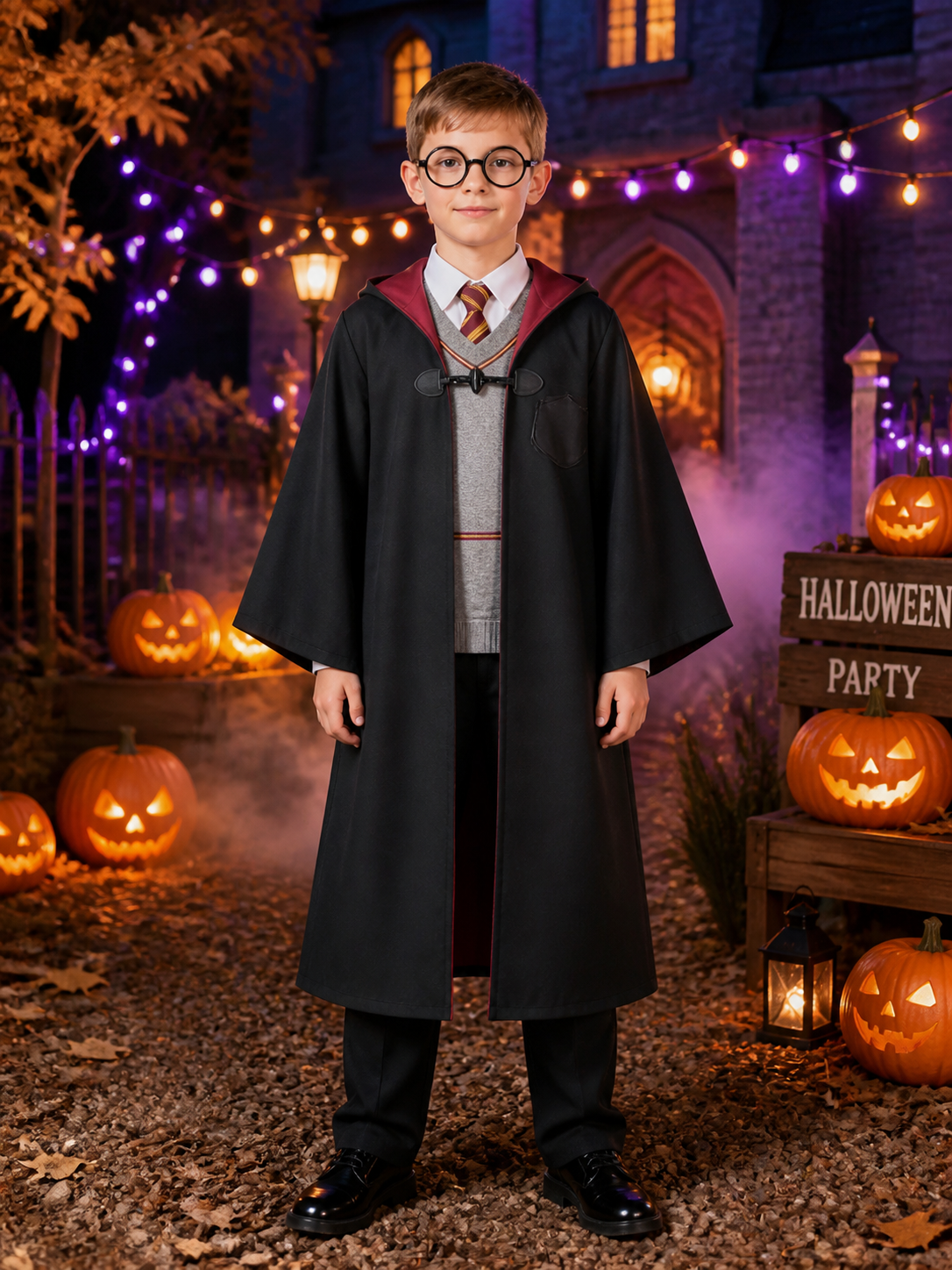 Kids Halloween Wizard Costume Set, Hooded Robe, Vest, Trousers and Round Glasses Costumes detail 2