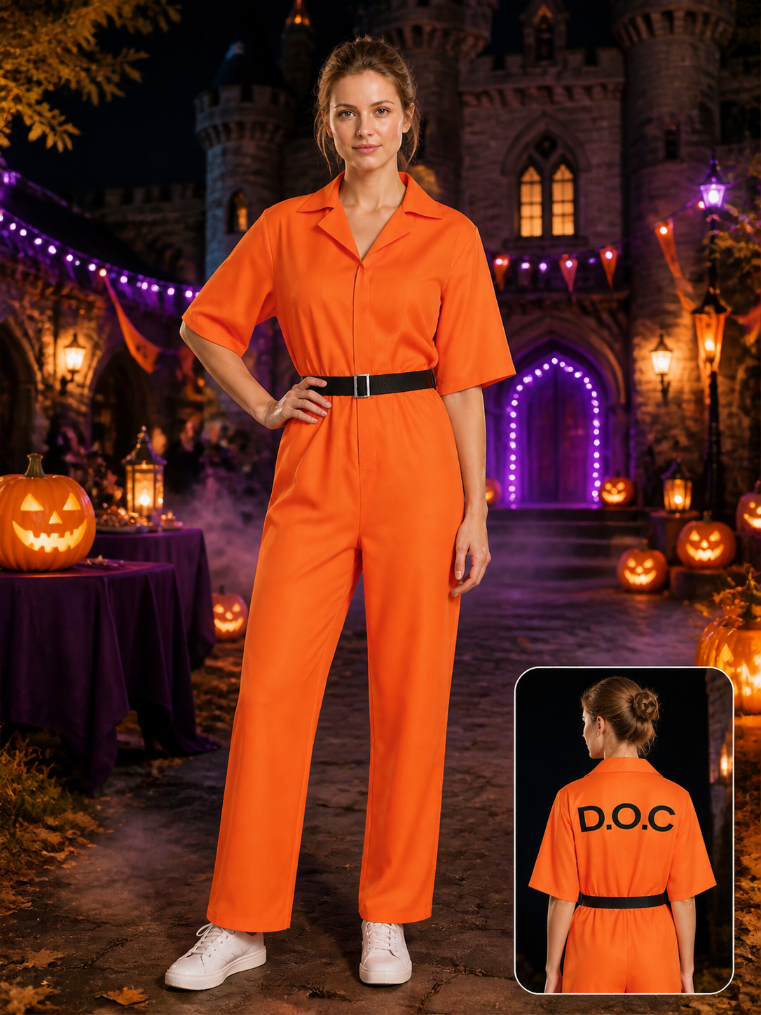Plus Size Orange Prisoner Jumpsuit Costume with Belt, Short Sleeves and DOC Costumes detail 2