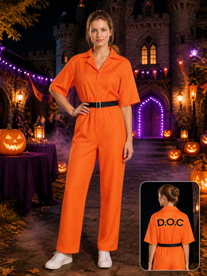 Plus Size Orange Prisoner Jumpsuit Costume with Belt, Short Sleeves and DOC Costumes detail 2