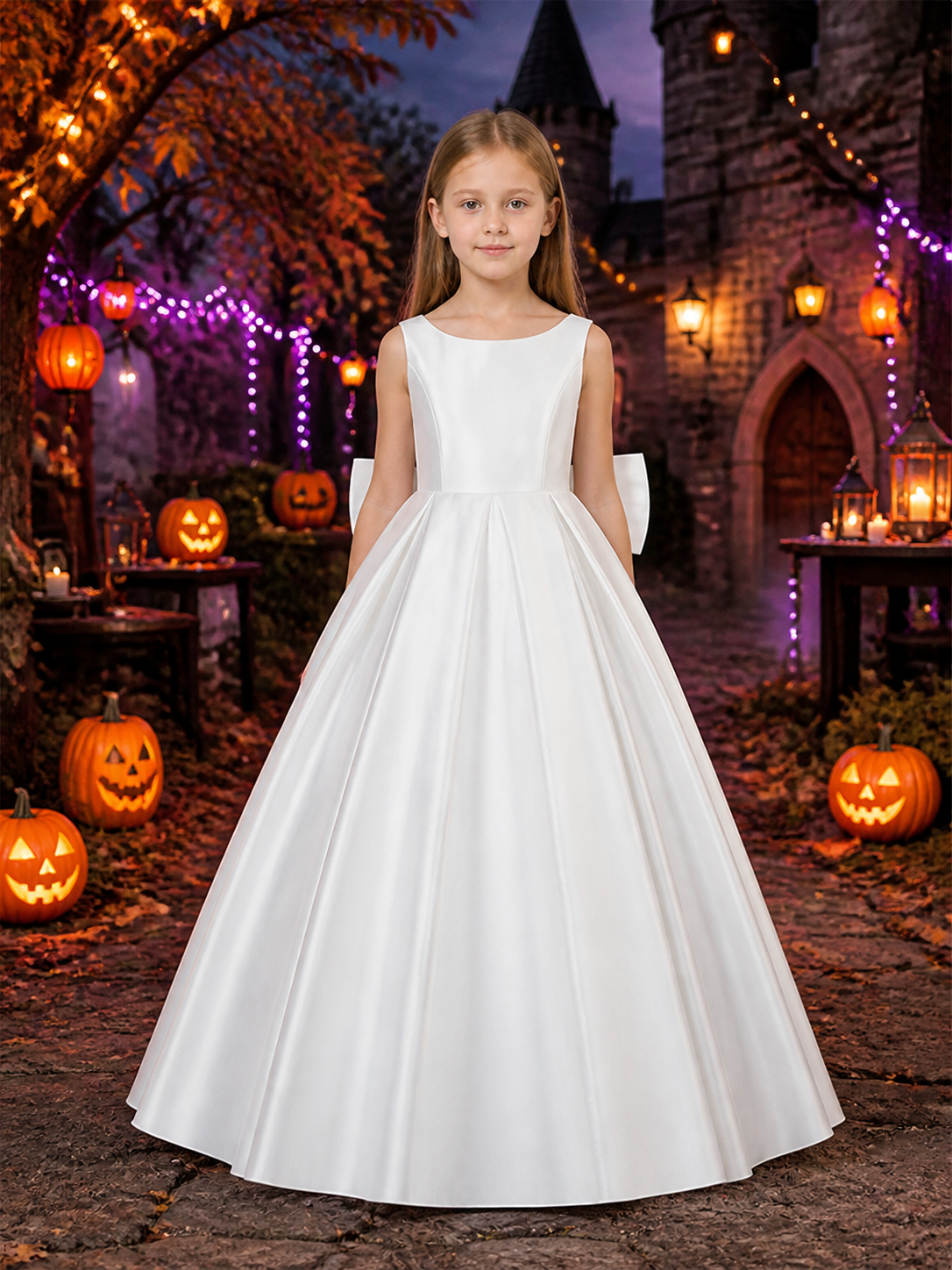 Girls' White Satin Princess Dress, Sleeveless A-Line Long Formal Gown Costume Dresses detail 2