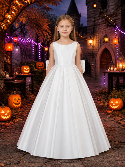 Girls' White Satin Princess Dress, Sleeveless A-Line Long Formal Gown Costume Dresses detail 2