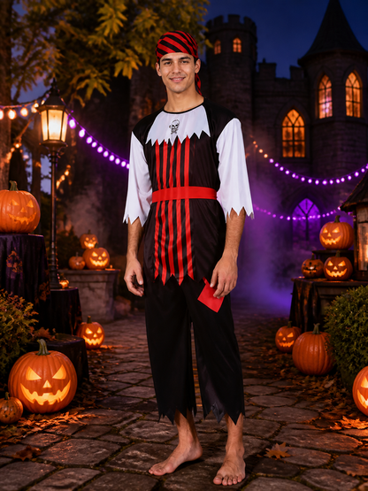 Pirate Costume Set for Adults, Skull Print Black and Red Striped Top and Pants Costumes detail 2