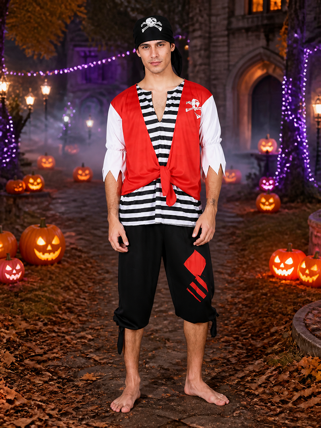 Adult Pirate Halloween Costume Set, Lace-Up Red Vest Top, Black/White Striped Costumes detail 2