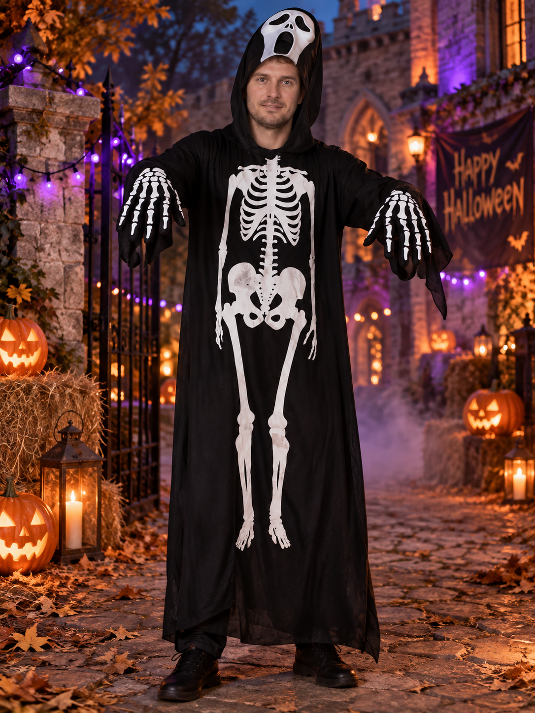 Halloween Skeleton Costume with Hood, Mask, and Gloves