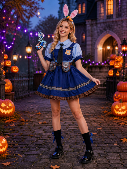 Children's Rabbit Police Costume Dress With Tie, Badge And Safety Shorts on-model Halloween scene view