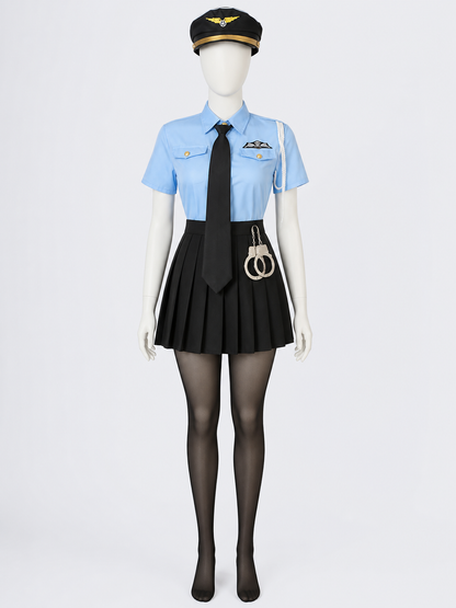 Women's Police Officer Costume Set with Light Blue Top, Pleated Skirt, Hat and Costume Headwear detail 2
