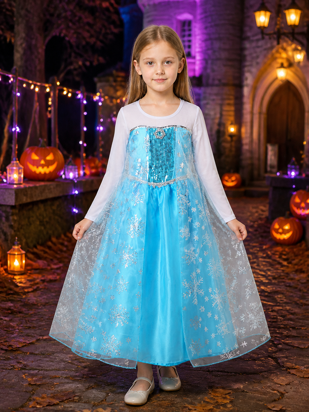 Girls' Snowflake Princess Dress Costume Set, Sequin Mesh Overlay With Long Costume Dresses detail 2