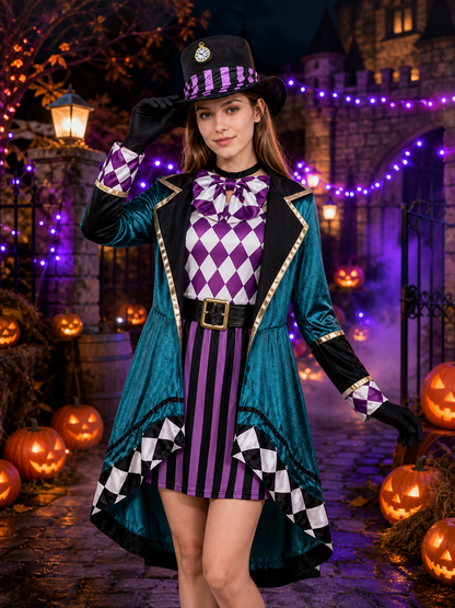 Adult Circus Jester Costume Set, Mad Hatter Outfit with Tailcoat, Hat, Gloves on-model Halloween scene view