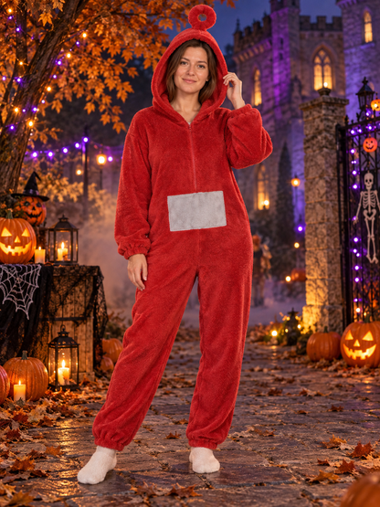 Red Flannel Hooded One-Piece Pajamas for Home product detail 2