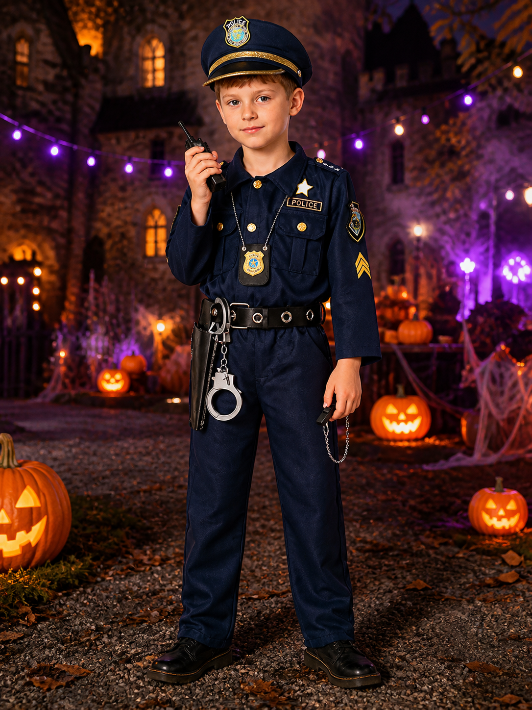 Kids Police Costume Set, Deluxe Role Play Outfit with Hat, Belt, Badge on-model Halloween scene view