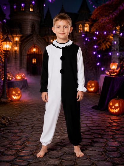 Men's Black and White Jester Jumpsuit Halloween Costume with Ruffled Collar on-model Halloween scene view