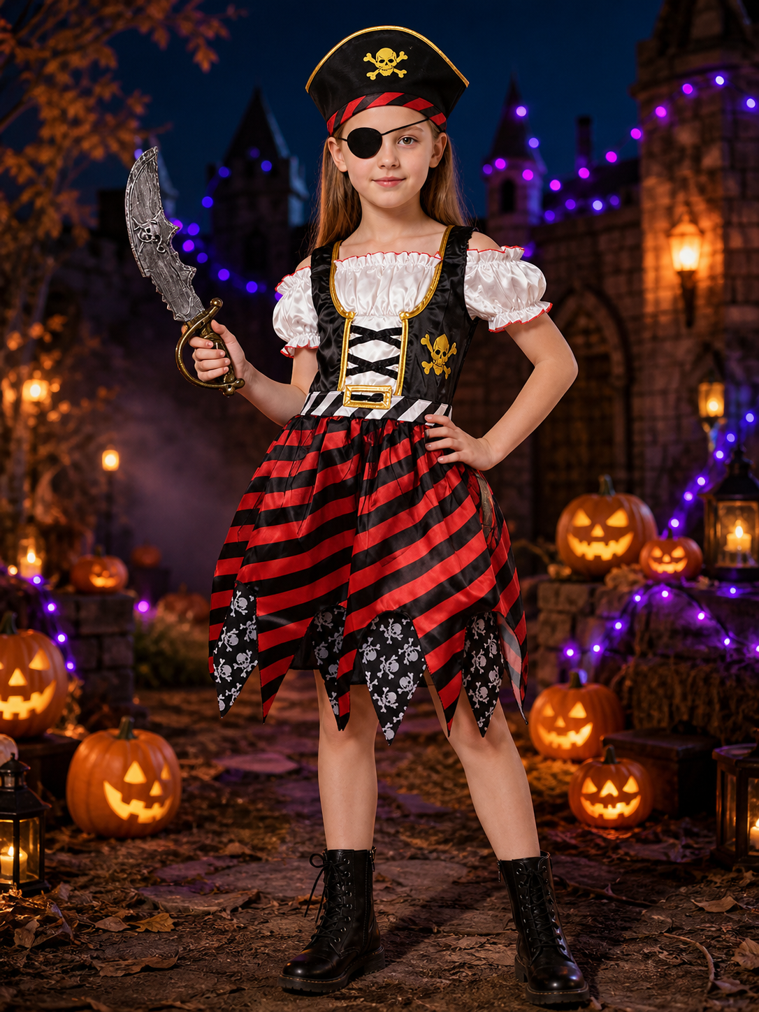 Kids Pirate Costume Dress Set with Hat, Sword & Eye Patch, Red Black Striped Costume Dresses detail 2