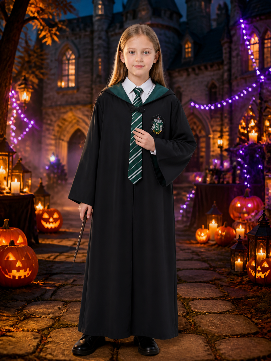 Slytherin Wizard Costume Set, Hooded Long Robe with Striped Tie Costumes detail 2
