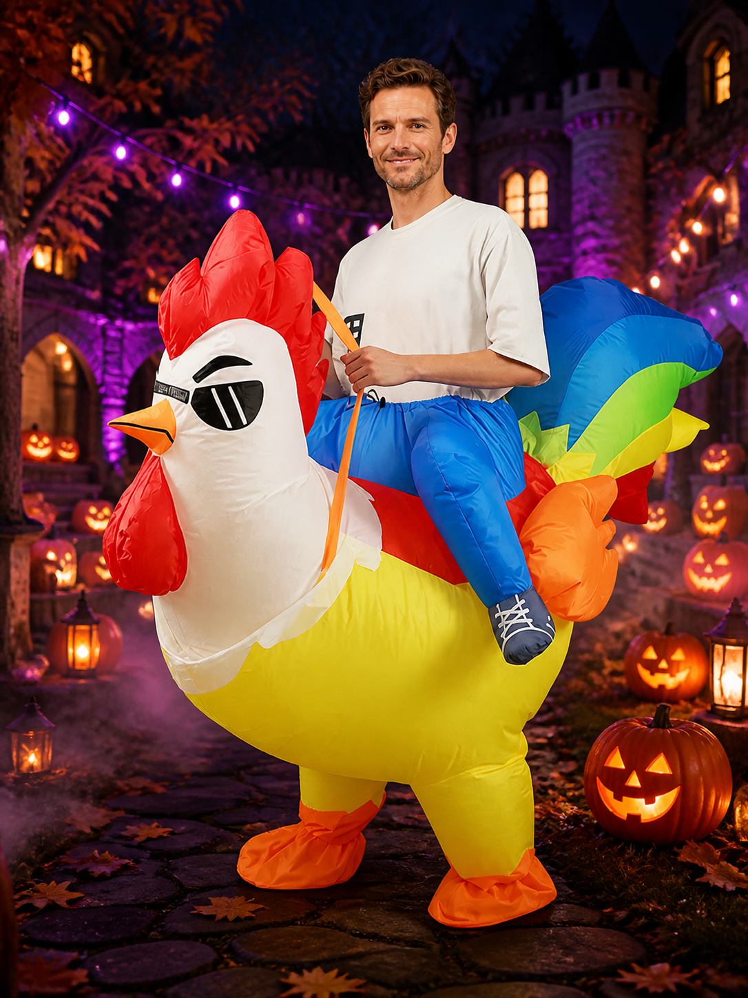 Inflatable Chicken Costume for Halloween, Animal Party Outfit with Red Comb and Costumes detail 2