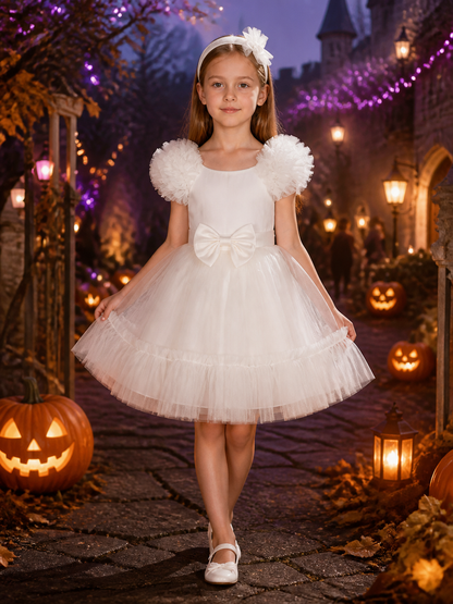 Toddler Girls' White Princess Dress with Puff Sleeves, Tulle Skirt and Bow Costume Dresses detail 2