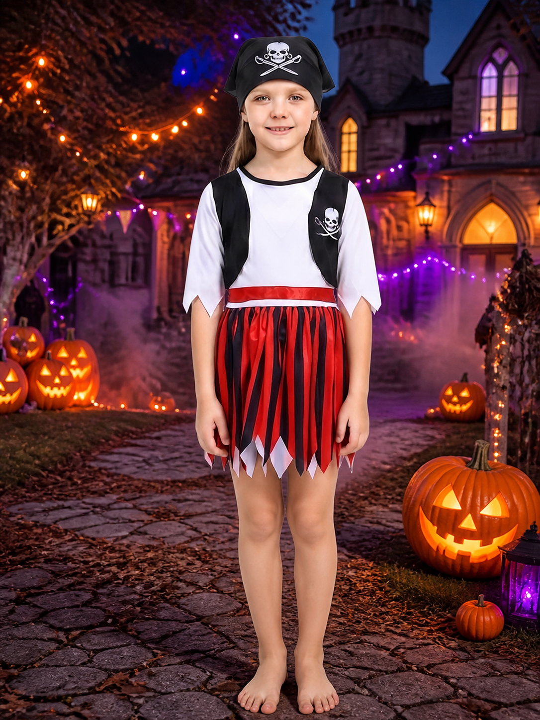 Kids Pirate Costume Set, White Top with Black Vest and Red Black Striped Skirt Costumes detail 2