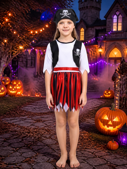 Kids Pirate Costume Set, White Top with Black Vest and Red Black Striped Skirt Costumes detail 2